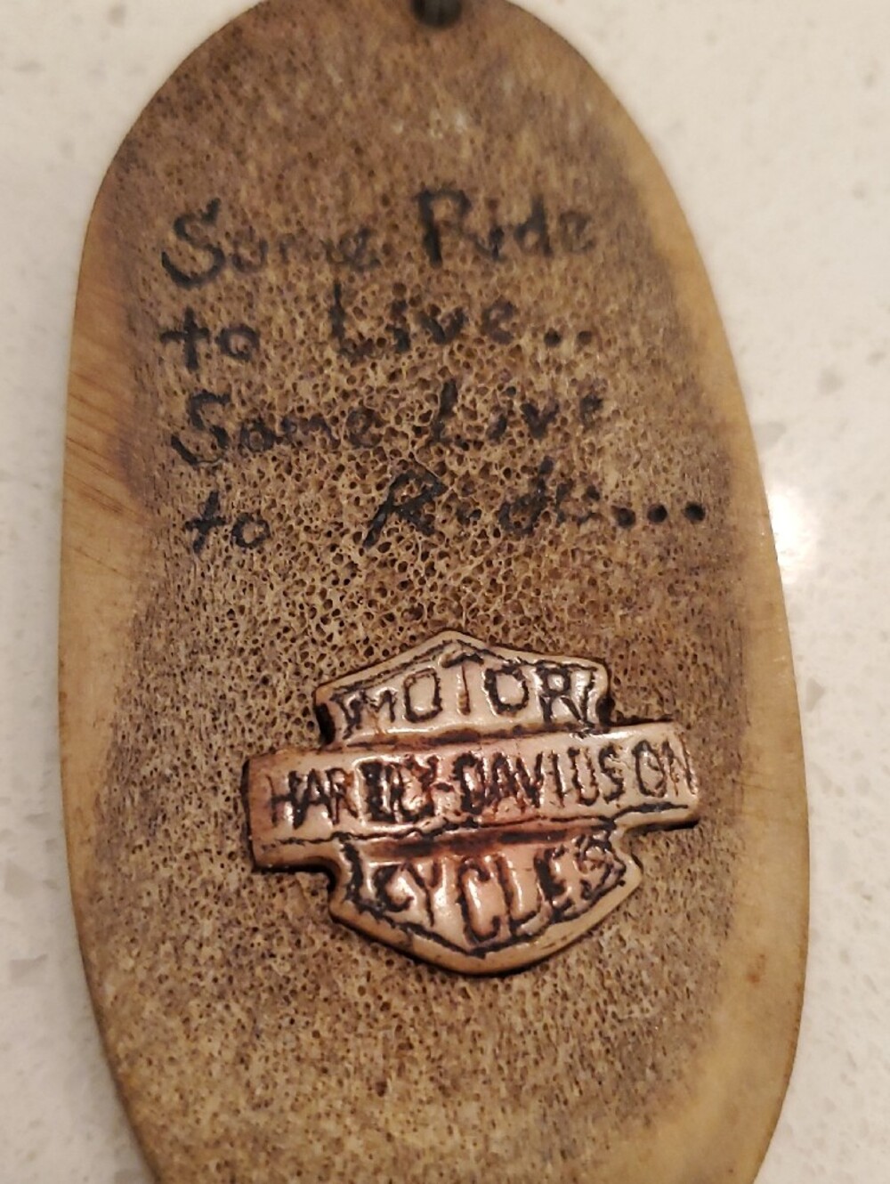 Handmade Carved Keychain with Motorcycle Artwork - Picture 3 of 4